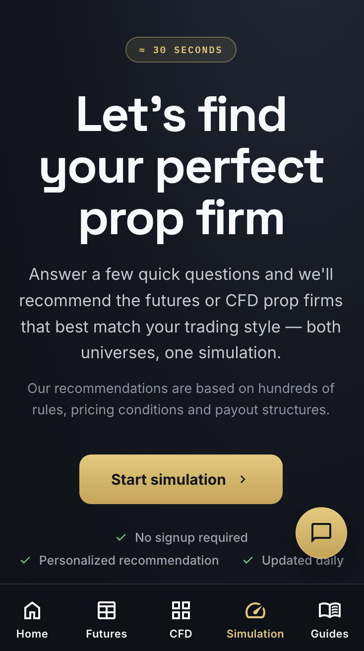 Version mobile du simulateur prop-firm.trading, avec navigation par onglets en bas d'&eacute;cran