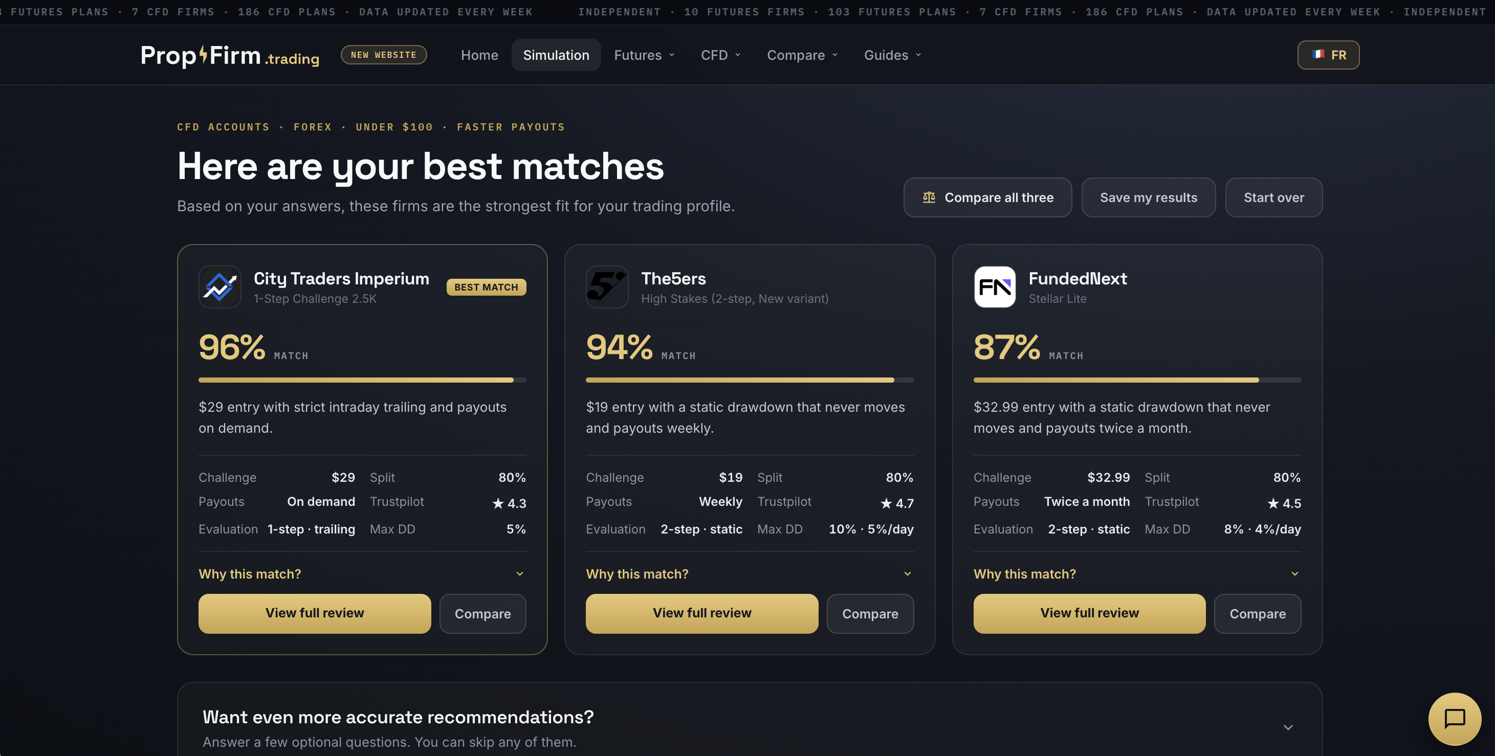 Simulateur prop-firm.trading : r&eacute;sultats personnalis&eacute;s avec score de correspondance par firme (96%, 94%, 87%) et bouton 'Why this match?'